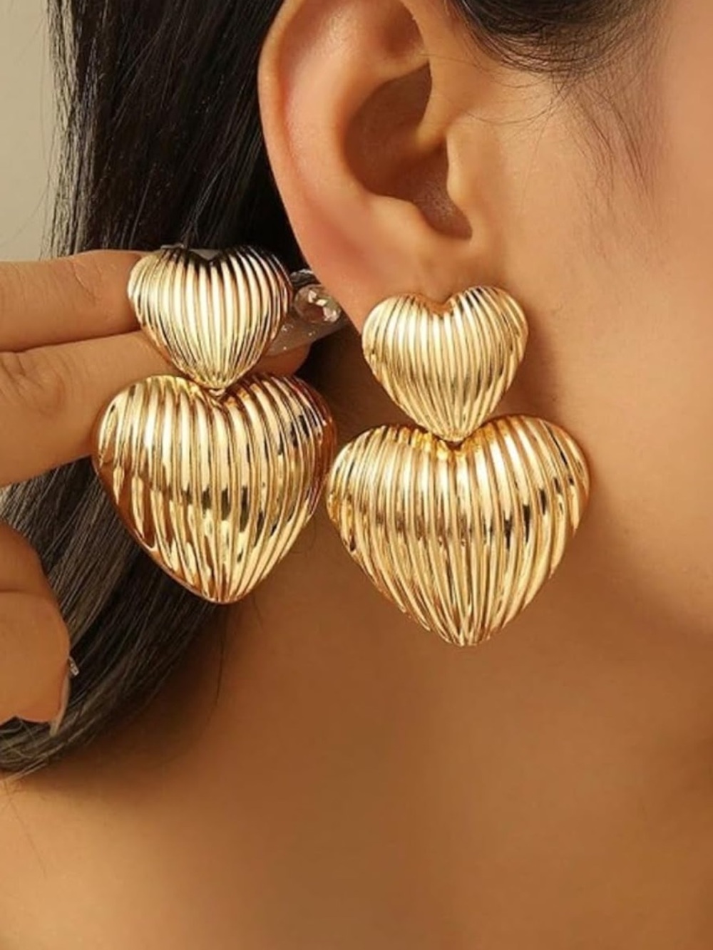 Anthropologie Ribbed Double Heart Drop Earrings in Gold